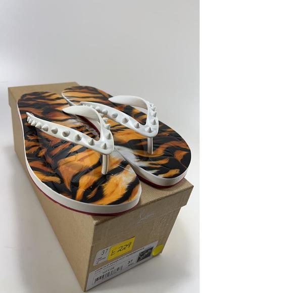 Christian Louboutin White and Tiger Print Sandals - Picture 1 of 12